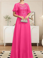 A-line Scoop Illusion Floor-Length Lace Chiffon Mother of the Bride Dress With Sequins by Dreamylily