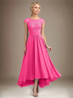 A-line Scoop Illusion Asymmetrical Lace Chiffon Mother of the Bride Dress With Pleated by Dreamylily