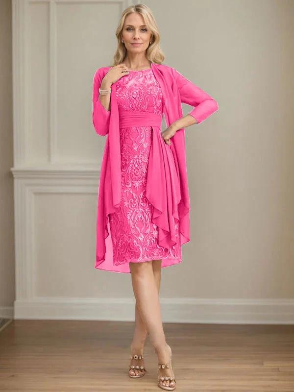 Sheath/Column Scoop Illusion Knee-Length Lace Chiffon Mother of the Bride Dress With Cascading Ruffles Sequins by Dreamylily