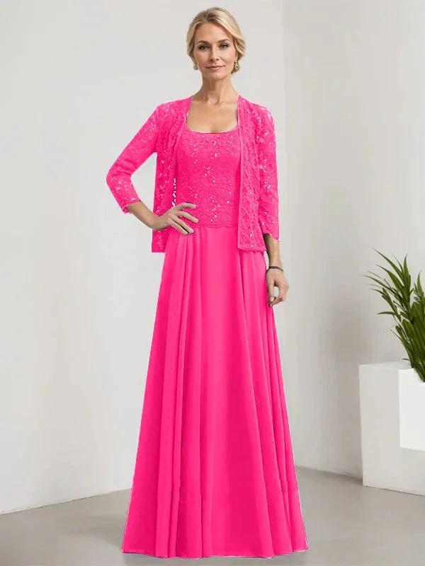 A-line Square Floor-Length Lace Chiffon Mother of the Bride Dress With Sequins by Dreamylily