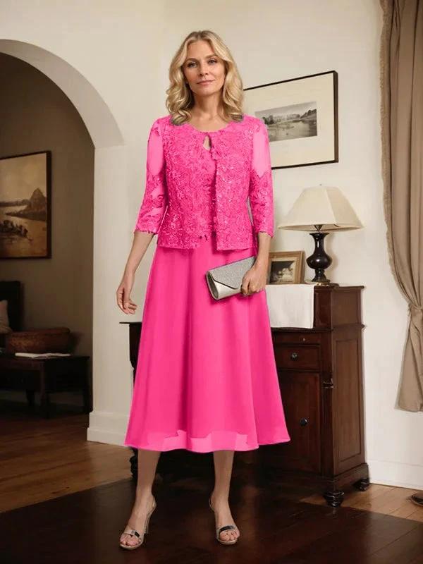 A-line Scoop Tea-Length Lace Chiffon Mother of the Bride Dress With Sequins by Dreamylily