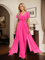 Jumpsuit/Pantsuit V-Neck Floor-Length Chiffon Evening Dress