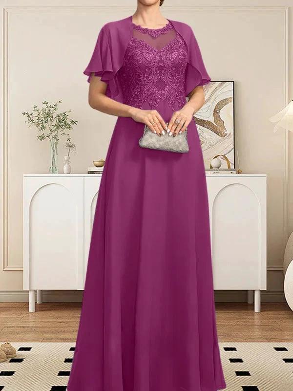 A-line Scoop Illusion Floor-Length Lace Chiffon Mother of the Bride Dress With Sequins by Dreamylily