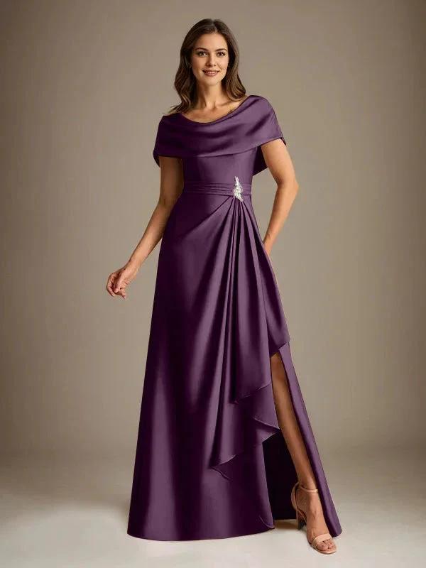 A-Line Scoop Floor-Length Stretch Satin Mother of the Bride Dress With Cascading Ruffles by Dreamylily
