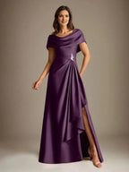 A-Line Scoop Floor-Length Stretch Satin Mother of the Bride Dress With Cascading Ruffles by Dreamylily