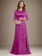 Vestido de madre de la novia de satén con encaje, corte A, largo hasta el suelo y apliques 