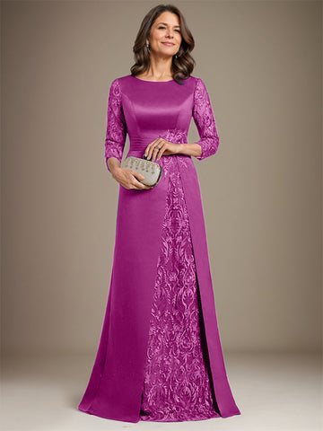 A-Linie U-Ausschnitt Bodenlang Spitze Satin Kleid für die Brautmutter mit Applikation 