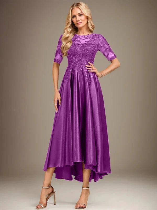 A-line Scoop Illusion Asymmetrical Stretch Satin Lace Mother of the Bride Dress With Sequins by Dreamylily