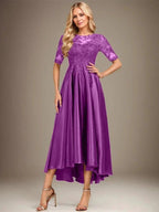 A-line Scoop Illusion Asymmetrical Stretch Satin Lace Mother of the Bride Dress With Sequins by Dreamylily
