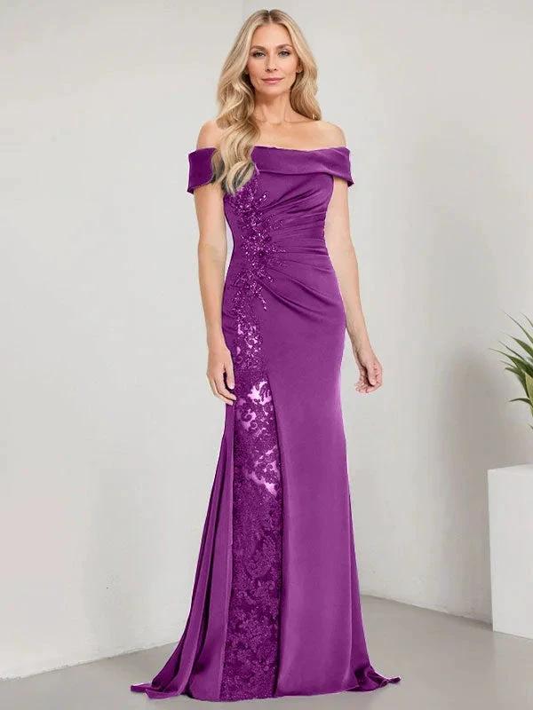 A-Line Off the Shoulder Floor-Length Mother of the Bride Dress Applique Beadings Mermaid Dress With High Split by Dreamylily