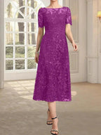 A-line Scoop Illusion Tea-Length Lace Mother of the Bride Dress With Sequins by Dreamylily