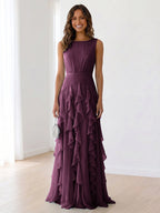 Sleeveless Tiered Chiffon Maxi Evening Gown with Ruched Bodice