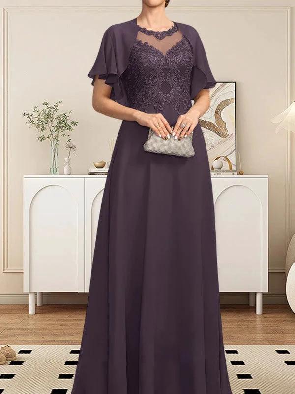 A-line Scoop Illusion Floor-Length Lace Chiffon Mother of the Bride Dress With Sequins by Dreamylily