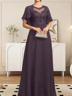 A-line Scoop Illusion Floor-Length Lace Chiffon Mother of the Bride Dress With Sequins by Dreamylily