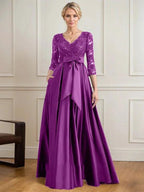 A-line V-Neck Floor-Length Satin Lace Mother of the Bride Dress With Sequins Bow by Dreamylily