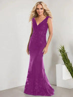 A-line V-Neck Floor-Length Lace Chiffon Mother of the Bride Dress With Applique Sequins Mermaid Dresses by Dreamylily