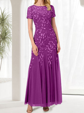 Vestido largo de sirena azul con cuello redondo para madre de la novia con cuentas