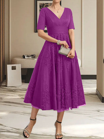A-line V-Neck Tea-Length Tulle Lace Mother of the Bride Dress With Pleated