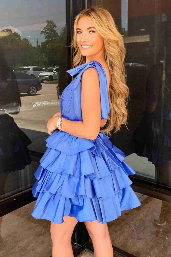 Plunging Neck Bow Sleeves Tiered Blue Homecoming Dress PD511 by pgmdress