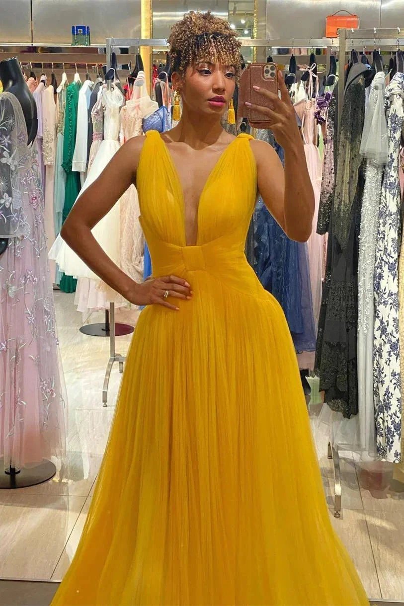 Plunging Neck Yellow Tulle Prom Dress SYP154 by vivymakudress