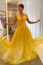 Plunging Neck Yellow Tulle Prom Dress SYP154 by vivymakudress