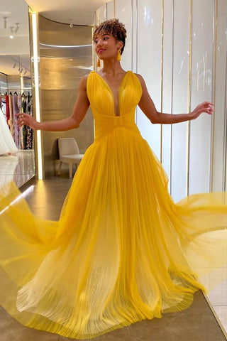 Vestido de fiesta de tul amarillo con escote pronunciado SYP154