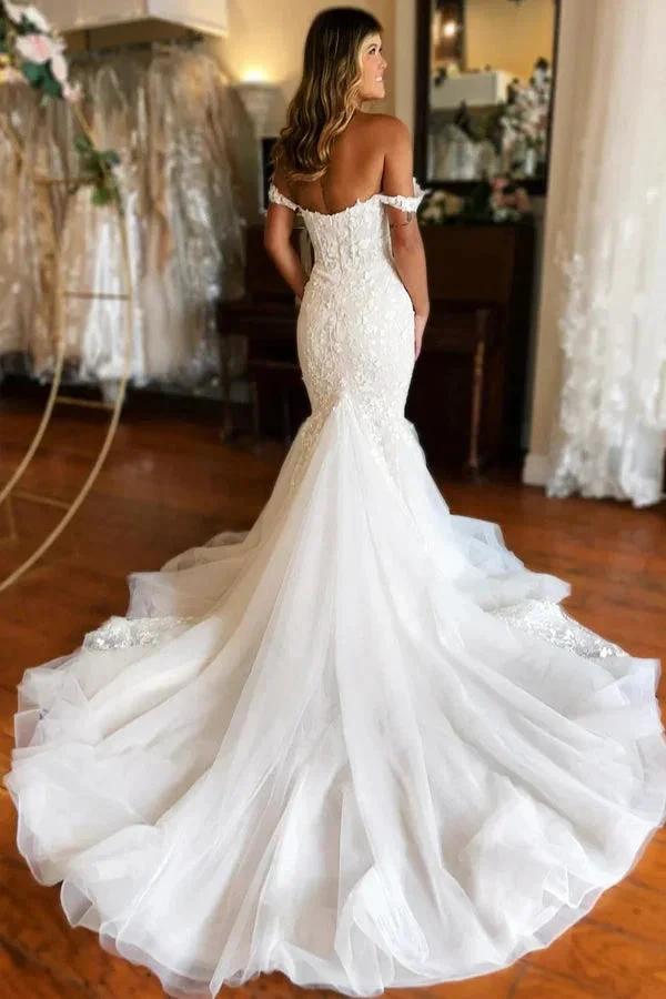 Plunging Neckline Ivory Off-the-Shoulder Mermaid Wedding Dress WD708 by pgmdress