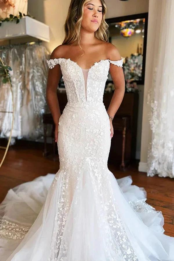 Plunging Neckline Ivory Off-the-Shoulder Mermaid Wedding Dress WD708 by pgmdress