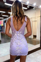 Plunging V-Neck Lavender Straps Appliques Illusion Homecoming Dress PD470 by pgmdress