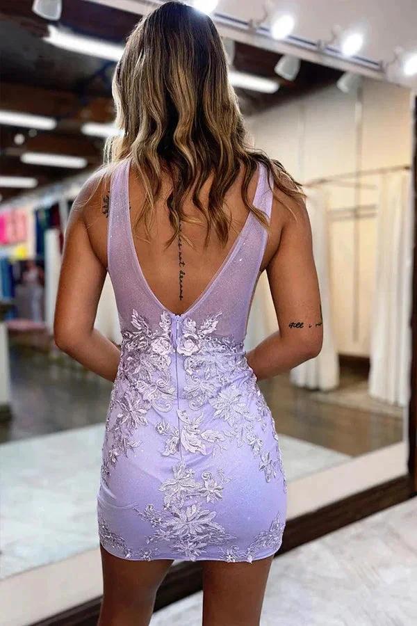 Plunging V-Neck Lavender Straps Appliques Illusion Homecoming Dress PD470 by pgmdress