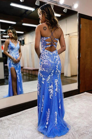 Vestido de fiesta de sirena con escote en V pronunciado, apliques de encaje y abertura PSK441