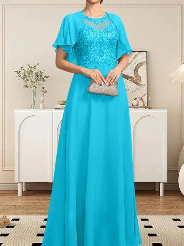 A-line Scoop Illusion Floor-Length Lace Chiffon Mother of the Bride Dress With Sequins by Dreamylily