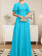 A-line Scoop Illusion Floor-Length Lace Chiffon Mother of the Bride Dress With Sequins by Dreamylily