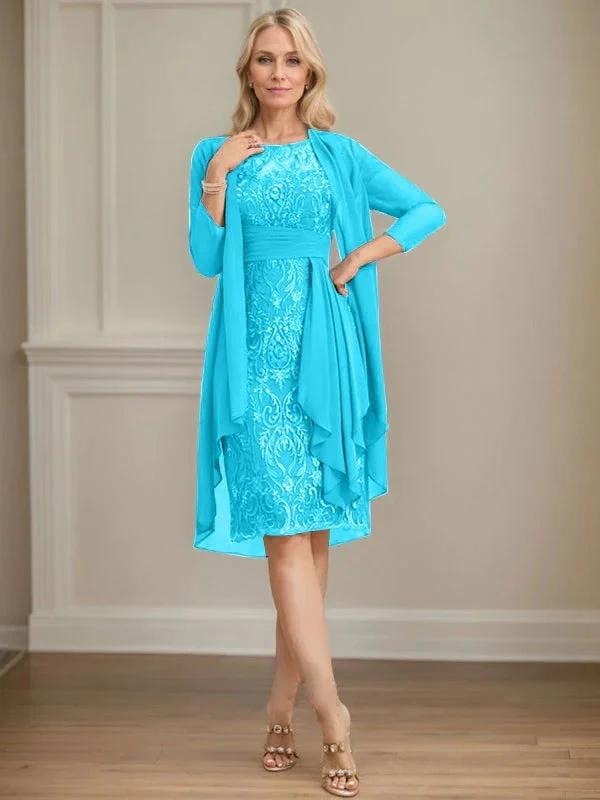 Sheath/Column Scoop Illusion Knee-Length Lace Chiffon Mother of the Bride Dress With Cascading Ruffles Sequins by Dreamylily