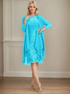 Sheath/Column Scoop Illusion Knee-Length Lace Chiffon Mother of the Bride Dress With Cascading Ruffles Sequins by Dreamylily