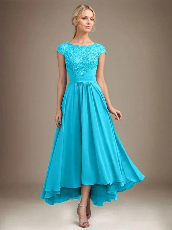 A-line Scoop Illusion Asymmetrical Lace Chiffon Mother of the Bride Dress With Pleated by Dreamylily