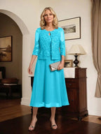 A-line Scoop Tea-Length Lace Chiffon Mother of the Bride Dress With Sequins by Dreamylily