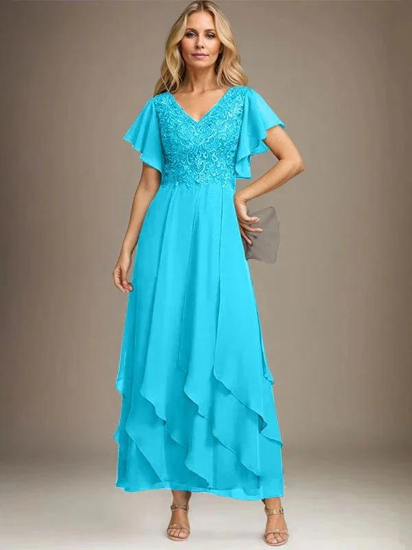 A-line V-Neck Ankle-Length Lace Chiffon Mother of the Bride Dress With Cascading Ruffles by Dreamylily