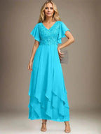 A-line V-Neck Ankle-Length Lace Chiffon Mother of the Bride Dress With Cascading Ruffles by Dreamylily