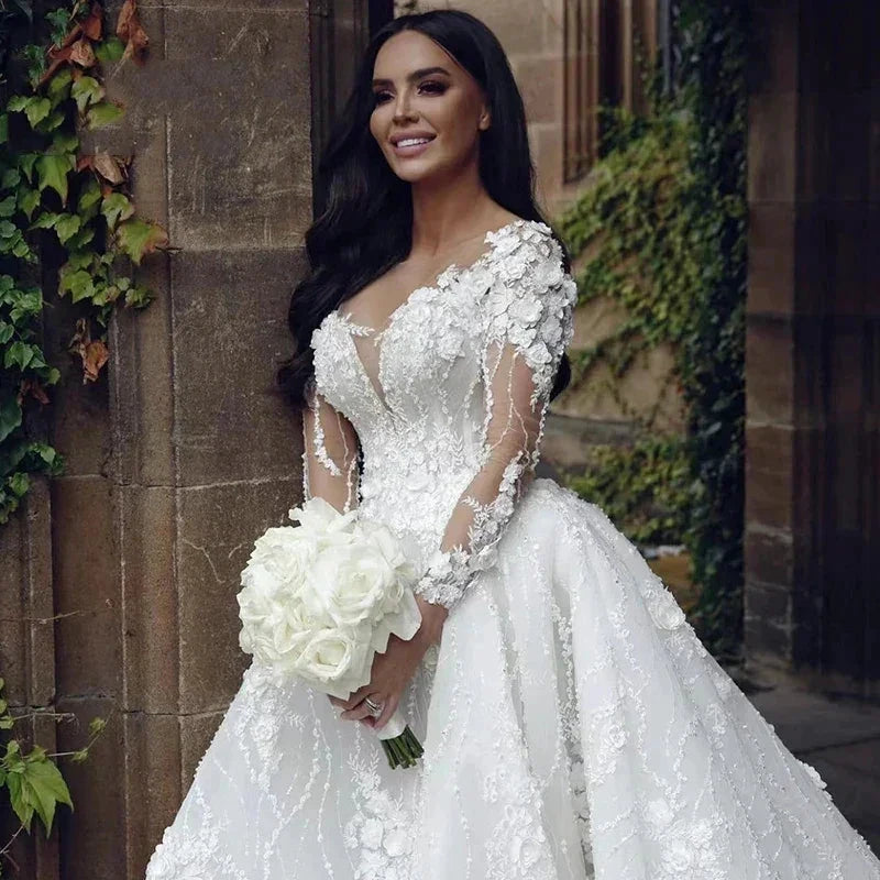 Pretty Gorgeous Long Sleeved Fluffy Beautiful High Fork Wedding Dresses Bridal V-Neck Appliques Bride Gown Beach Custom Made by payinti
