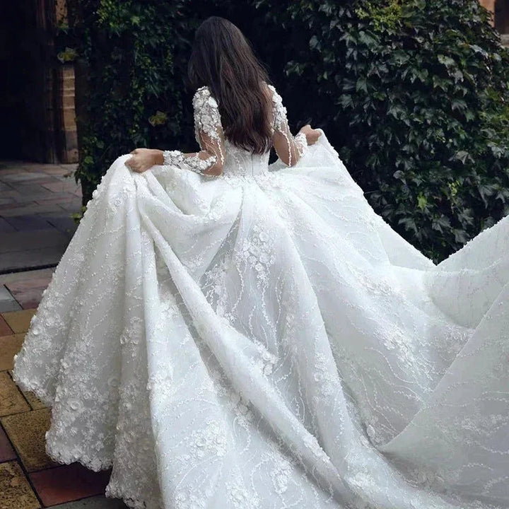 Pretty Gorgeous Long Sleeved Fluffy Beautiful High Fork Wedding Dresses Bridal V-Neck Appliques Bride Gown Beach Custom Made by payinti