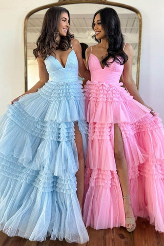 Amanda| A-Linie Spaghettiträger Langes Stufen-Ballkleid aus Tüll mit Schlitz