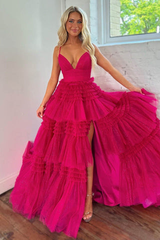 Amanda| A-Linie Spaghettiträger Langes Stufen-Ballkleid aus Tüll mit Schlitz