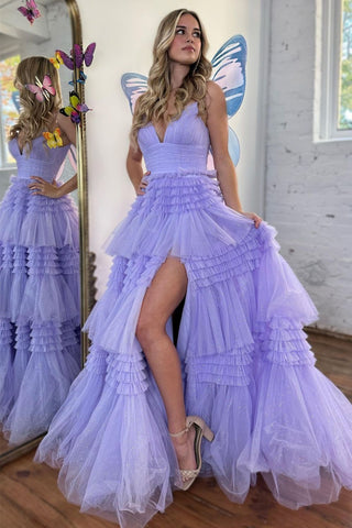 Amanda| A-Linie Spaghettiträger Langes Stufen-Ballkleid aus Tüll mit Schlitz