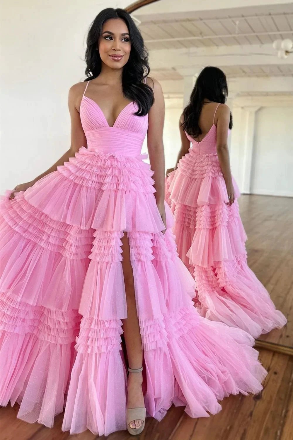 Amanda| A-Line Spaghetti Straps Long Tiered Tulle Prom Dress With Split by KissProm