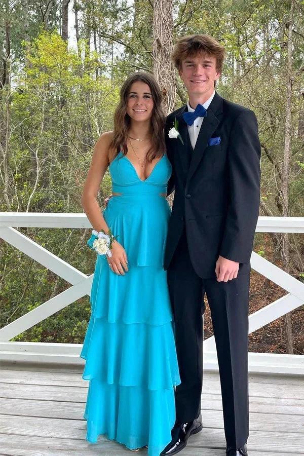 Pretty Cutouts Tiered Chiffon Blue Prom Dress Party Dress PSK610 by pgmdress