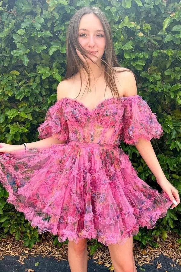 Pretty Fuchsia Puff Sleeves A-Line Princess Homecoming Dress PD532 by pgmdress