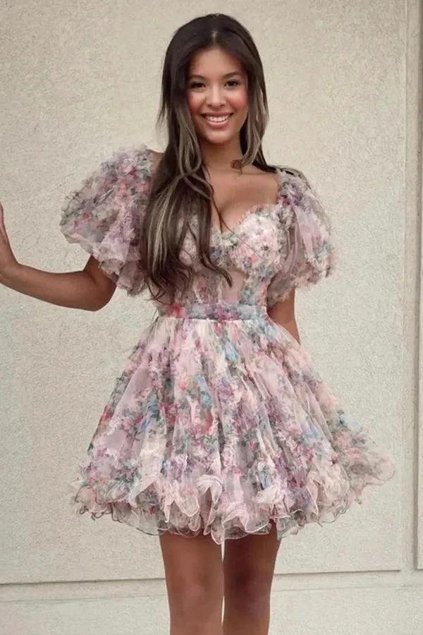 Pretty Fuchsia Puff Sleeves A-Line Princess Homecoming Dress PD532 by pgmdress