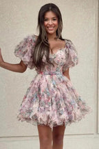Pretty Fuchsia Puff Sleeves A-Line Princess Homecoming Dress PD532 by pgmdress