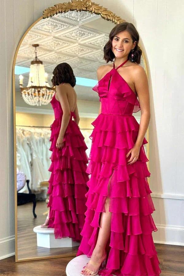 Pretty Halter Neck Ruffle Fuchsia Long Prom Dress PSK577 by Pgmdress
